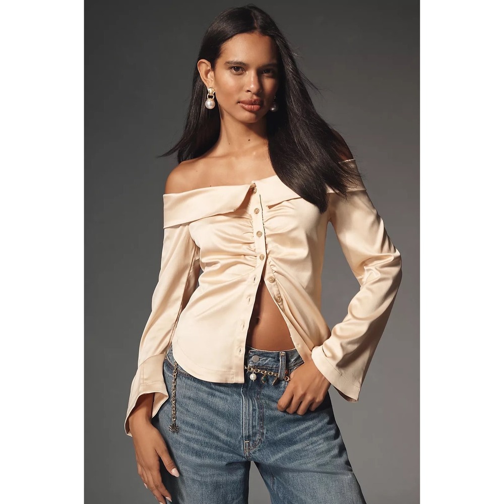 Anthropologie Off-The-Shoulder Wrap Collared Silky Button Front Shirt xxs - Picture 4 of 10